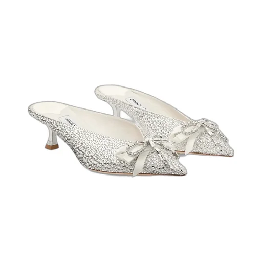 Ivory Satin And Princess Crystal Hotfix Mules With Bow Embellishment