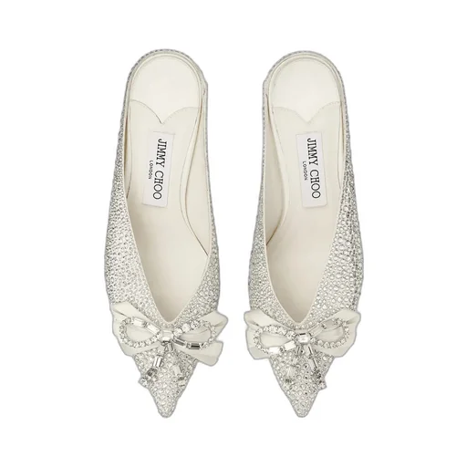 Ivory Satin And Princess Crystal Hotfix Mules With Bow Embellishment