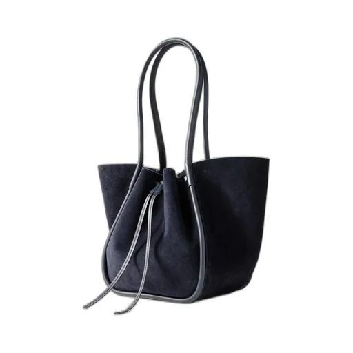 Large Leather-Trimmed Pleated Suede Handbag