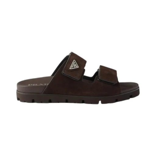 Prada Enamel-Triangle Slip-On Sandals