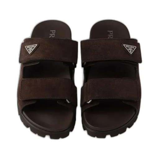 Prada Enamel-Triangle Slip-On Sandals