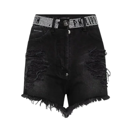 Black And Gray Logo Details Denim Shorts