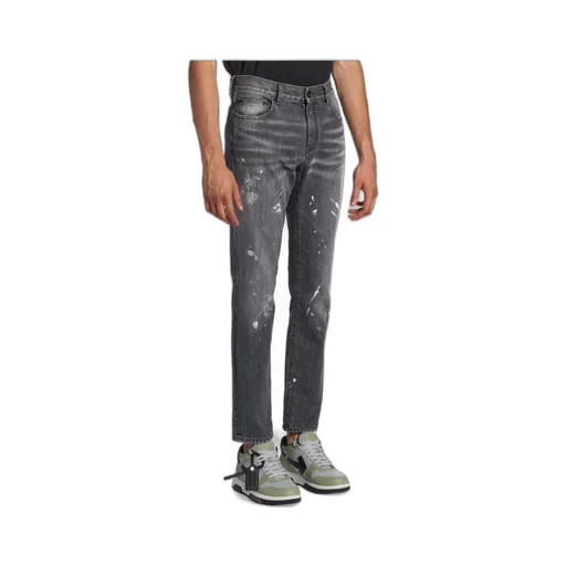 Off-White Diag-Striped Distressed Straight Leg Jeans