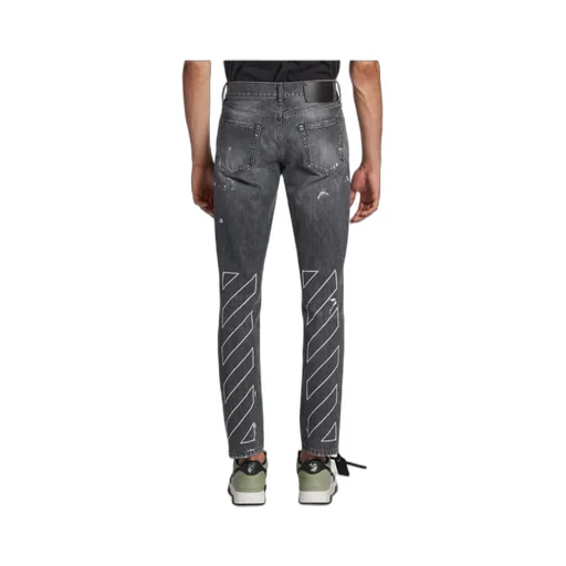 Off-White Diag-Striped Distressed Straight Leg Jeans