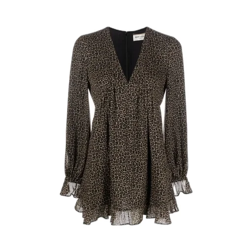 Saint Laurent Leopard Printed Long-Sleeved Dress