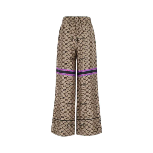 Monogram-Print Wide-Leg Silk Trousers