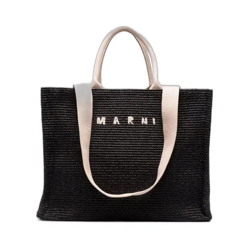 Marni Logo Embroidered Raffia Top Handle Tote Bag