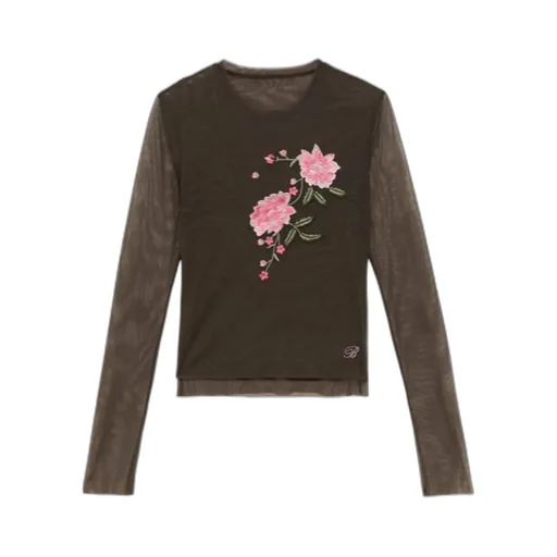 Floral-Embroidered Sheer Top