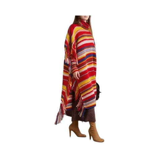 Fringed Striped Turtleneck Cape