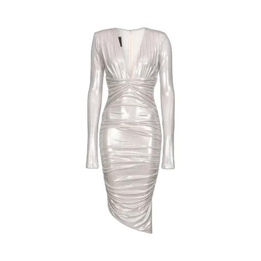 Pinko Asymmetric-Hem Gathered Metallic Midi Dress