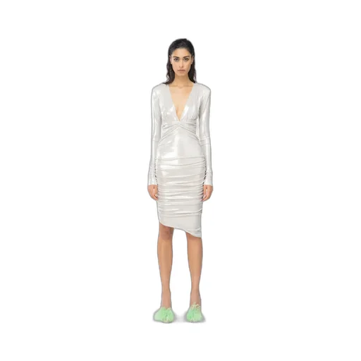Pinko Asymmetric-Hem Gathered Metallic Midi Dress