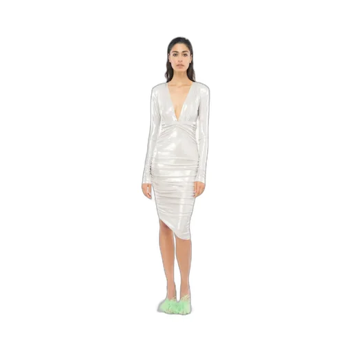Pinko Asymmetric-Hem Gathered Metallic Midi Dress