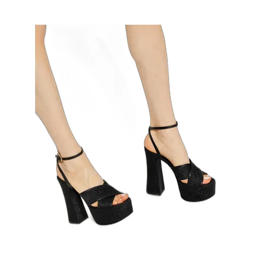 Moschino High Block Heel Logo Printed Platform Sandals