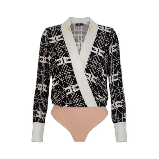 Elisabetta Franchi Allover Logo Printed V-Neck Bodysuit