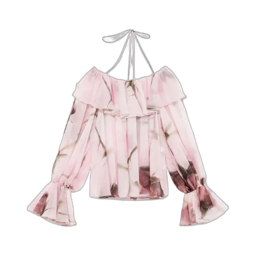 Blumarine Floral Print Off-Shoulder Ruffled Top