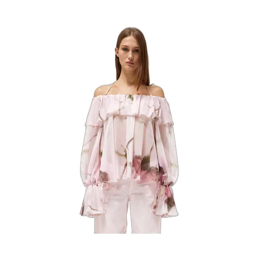 Blumarine Floral Print Off-Shoulder Ruffled Top