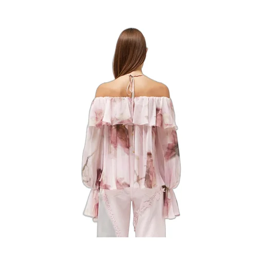 Blumarine Floral Print Off-Shoulder Ruffled Top