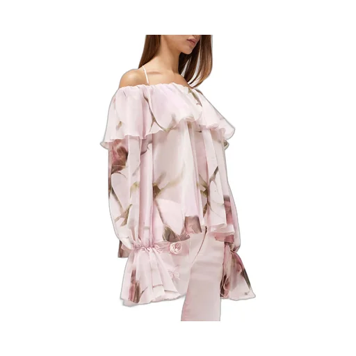 Blumarine Floral Print Off-Shoulder Ruffled Top