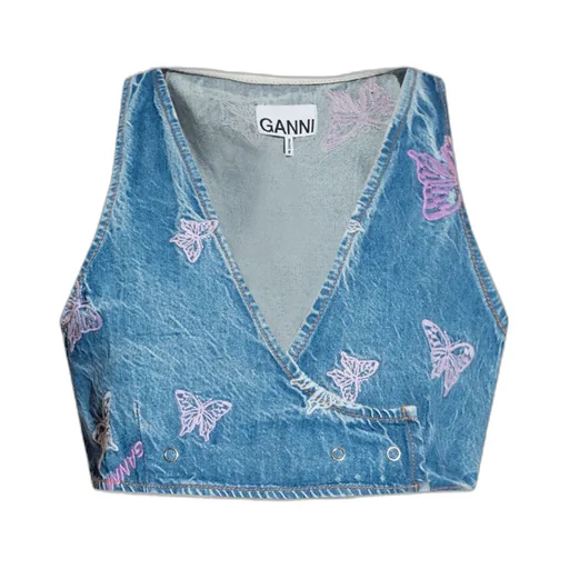 Ganni Butterfly Embroidered Cropped Denim Top