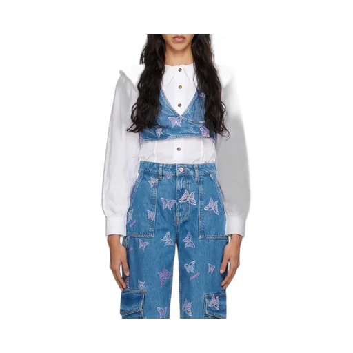 Ganni Butterfly Embroidered Cropped Denim Top