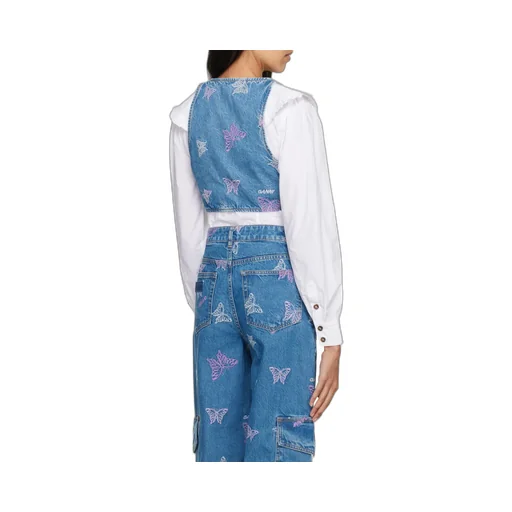 Ganni Butterfly Embroidered Cropped Denim Top