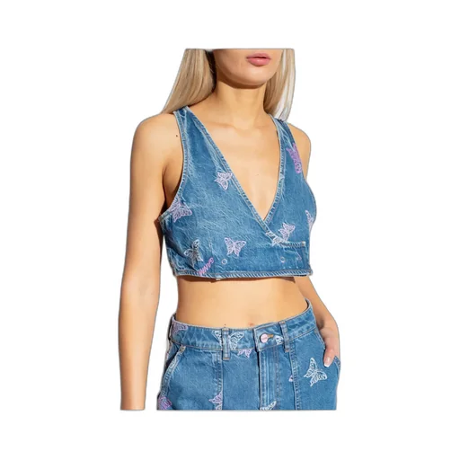 Ganni Butterfly Embroidered Cropped Denim Top