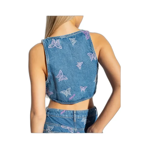 Ganni Butterfly Embroidered Cropped Denim Top