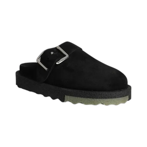 Black Buckle Detail Suede Slippers