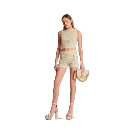 Monogrammed Openwork Knit Mini Shorts