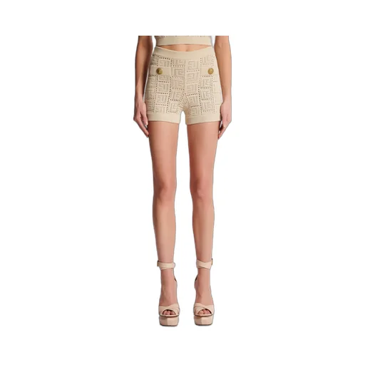 Monogrammed Openwork Knit Mini Shorts