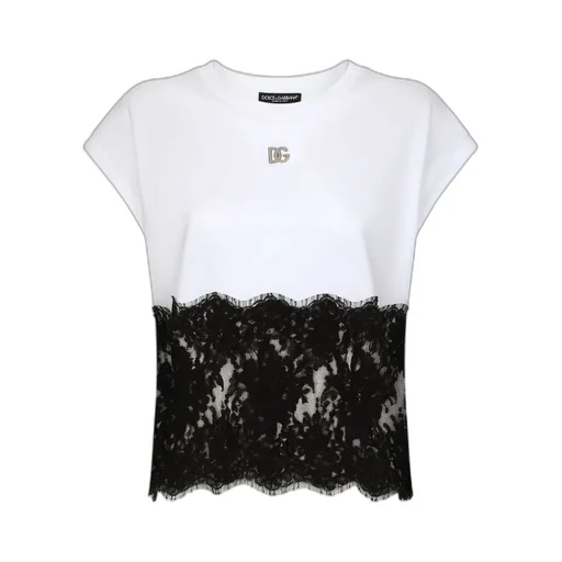 Dolce & Gabbana Lace Trimmed Logo Plaque T-Shirt