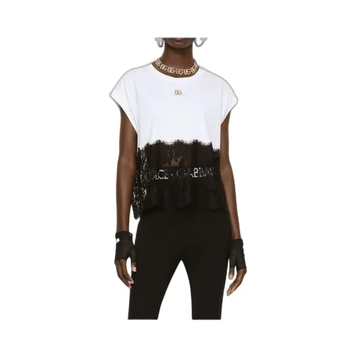 Dolce & Gabbana Lace Trimmed Logo Plaque T-Shirt