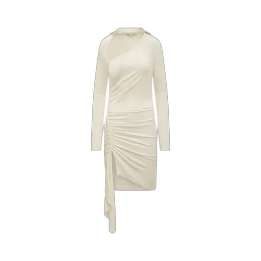 Off-White Asymmetric Ruched Long-Sleeved Mini Dress