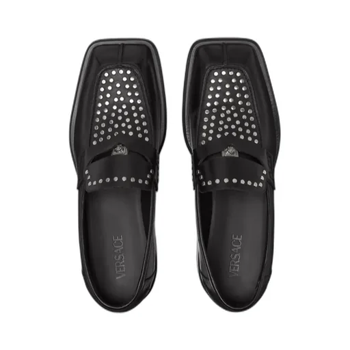 Versace Medusa Plaque Square-Toe Studded Loafers