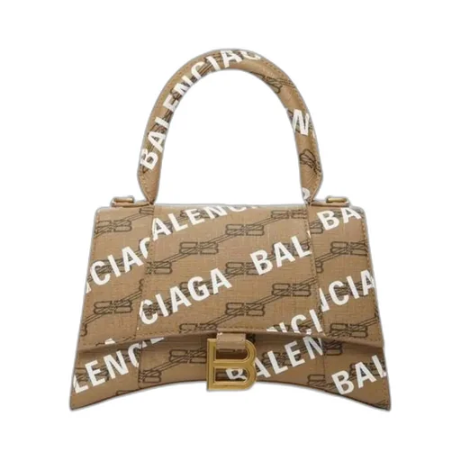 Hourglass Small Handbag Bb Monogram Coated Canvas And Allover Logo In Beige