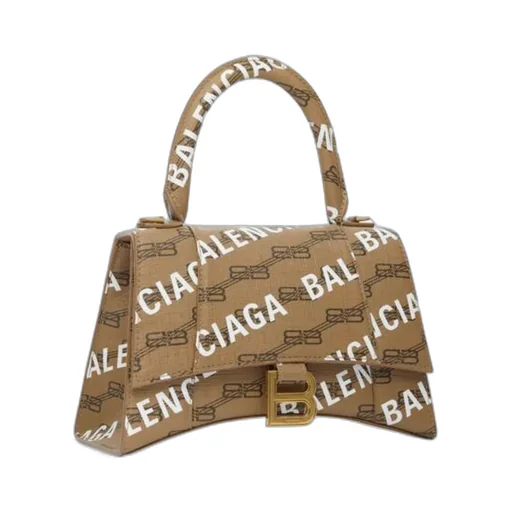 Hourglass Small Handbag Bb Monogram Coated Canvas And Allover Logo In Beige