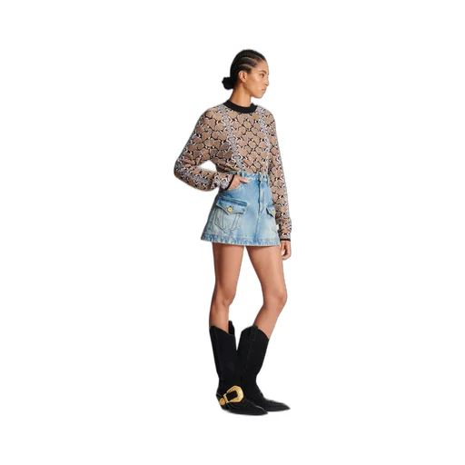 Balmain Western High-Waist A-Line Denim Mini Skirt
