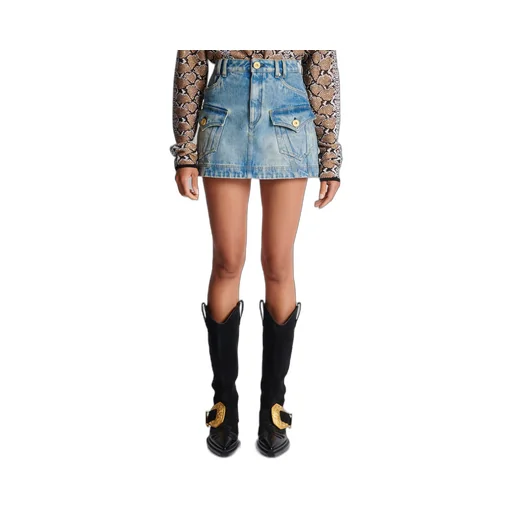 Balmain Western High-Waist A-Line Denim Mini Skirt
