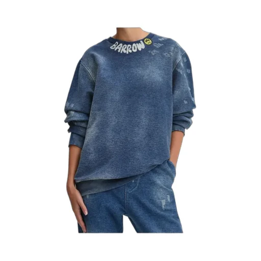 Barrow Logo Printed Crewneck Denim Sweatshirt