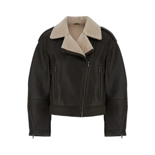 Brunello Cucinelli Shearling-Collar Cropped Biker Jacket