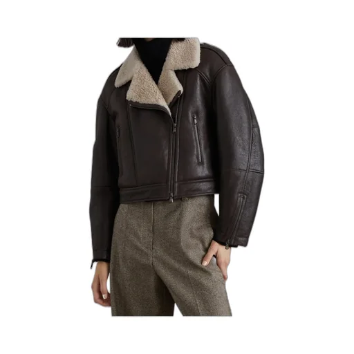 Brunello Cucinelli Shearling-Collar Cropped Biker Jacket