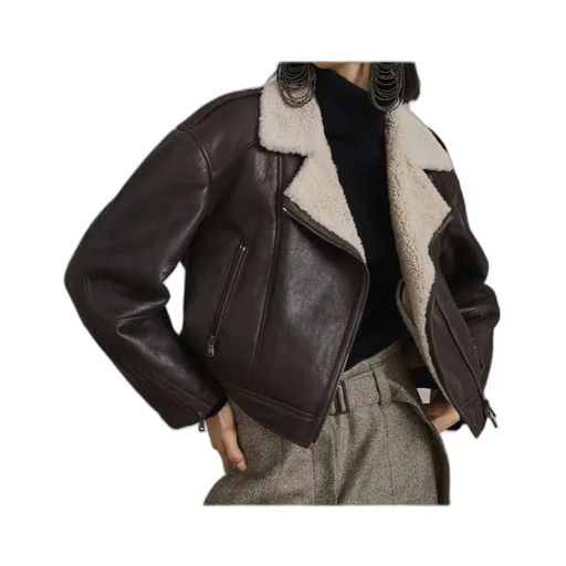 Brunello Cucinelli Shearling-Collar Cropped Biker Jacket