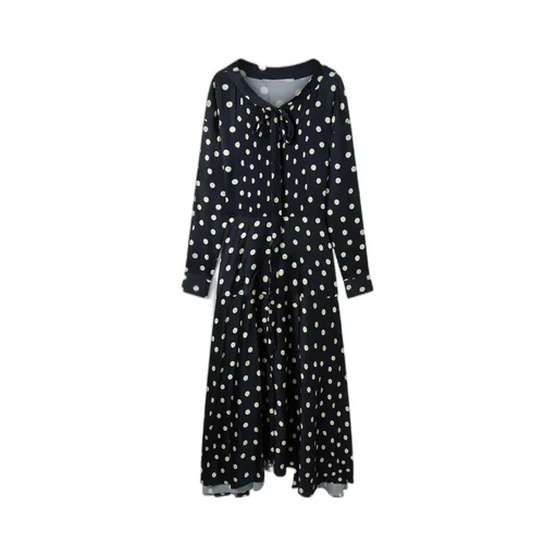 Long-Sleeved Polka Dot Extra-Long Dress