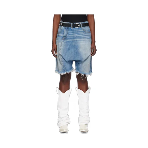 Asymmetric Drop-Crotch Denim Shorts
