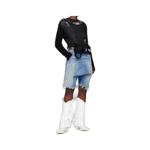 Asymmetric Drop-Crotch Denim Shorts