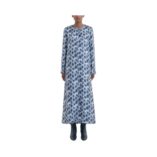 Grey Silk Long Dress With Crayon Leopard Print
