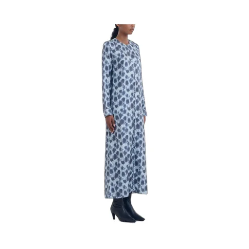 Grey Silk Long Dress With Crayon Leopard Print