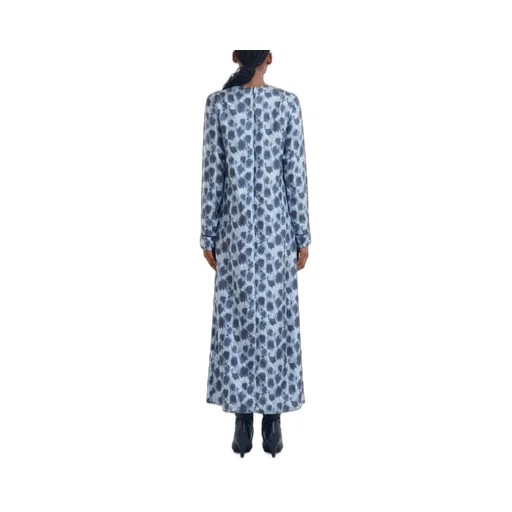 Grey Silk Long Dress With Crayon Leopard Print