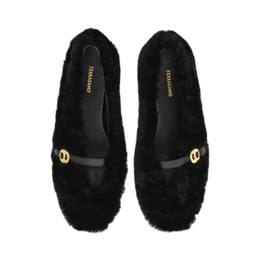 Salvatore Ferragamo Fluffy Logo Buckled Ballerina Shoes