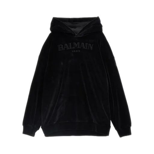 Balmain Kids Logo Embroidered Velvet Hoodie